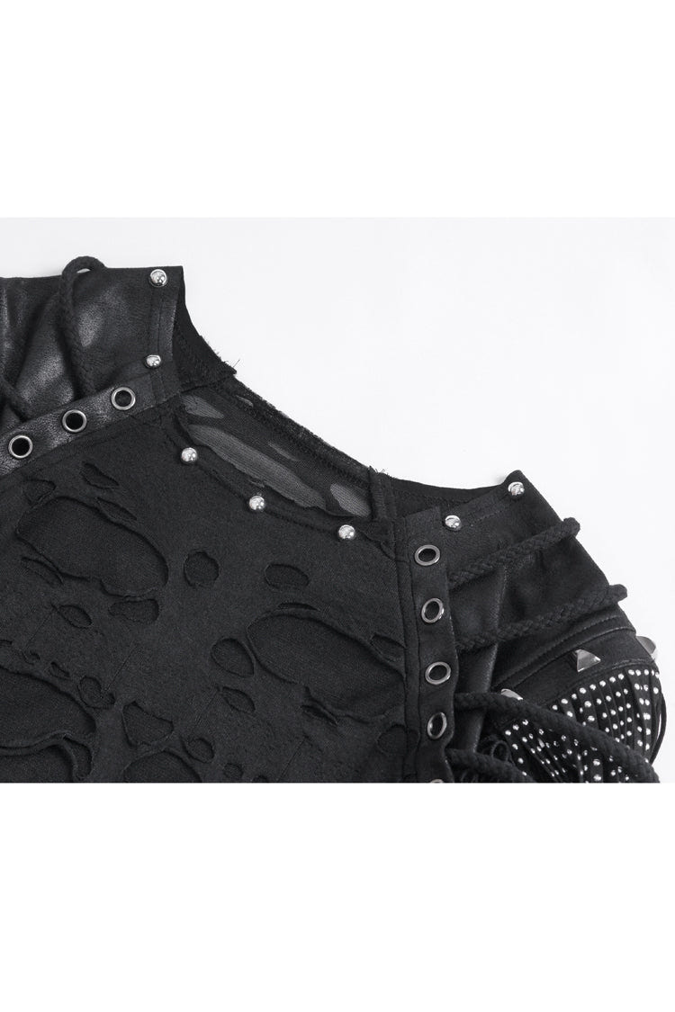 Black Round Collar Mesh Stitching Men's Punk T-Shirt - Product - 8