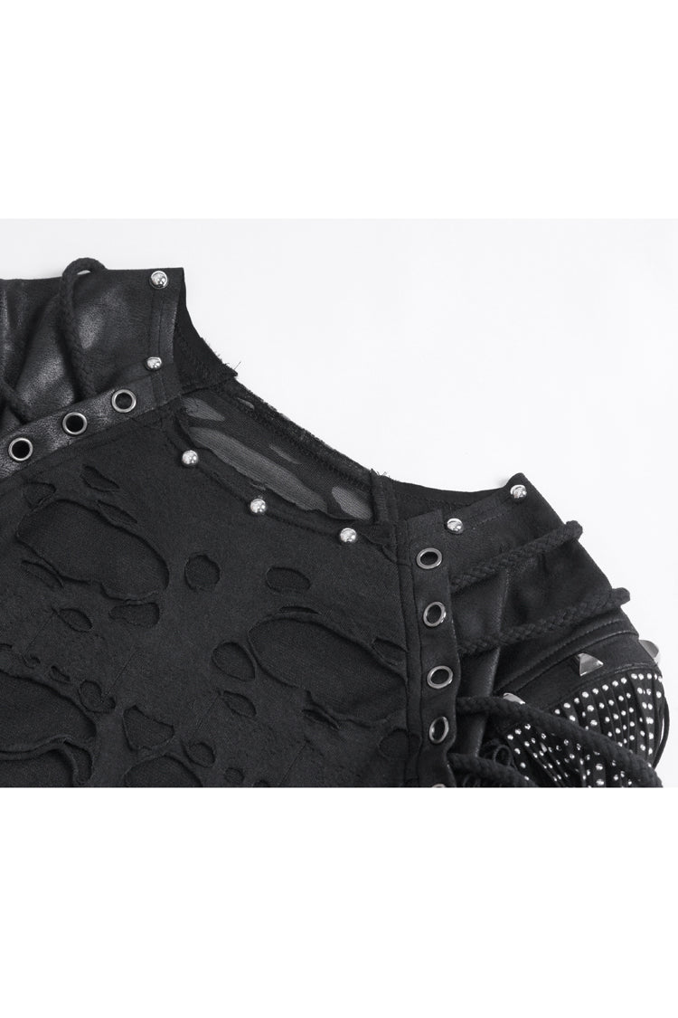Black Round Collar Mesh Stitching Men's Punk T-Shirt - Product - 8