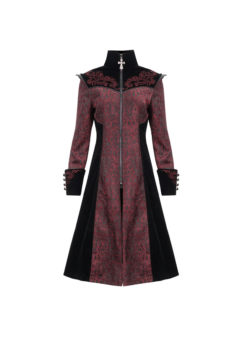 Red Jacquard Studded Mushroom Buckle Metal Cross Embroidered Women's Gothic Coat - Product - 8