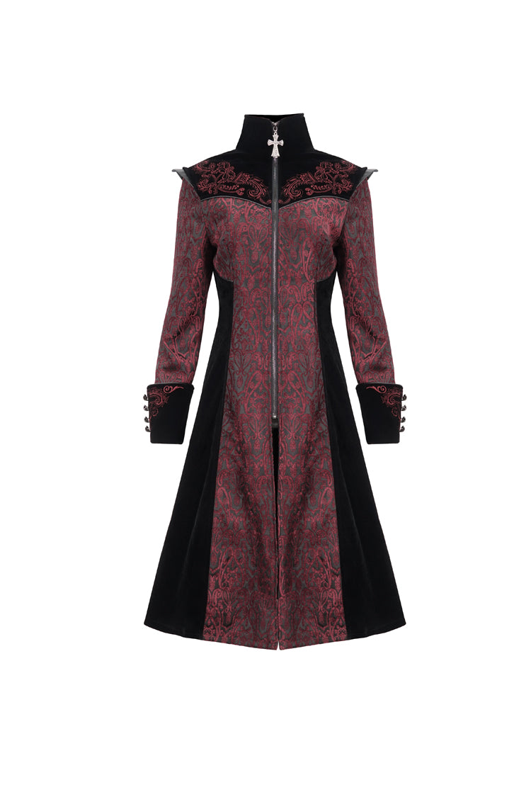 Red Jacquard Studded Mushroom Buckle Metal Cross Embroidered Women's Gothic Coat - Product - 8