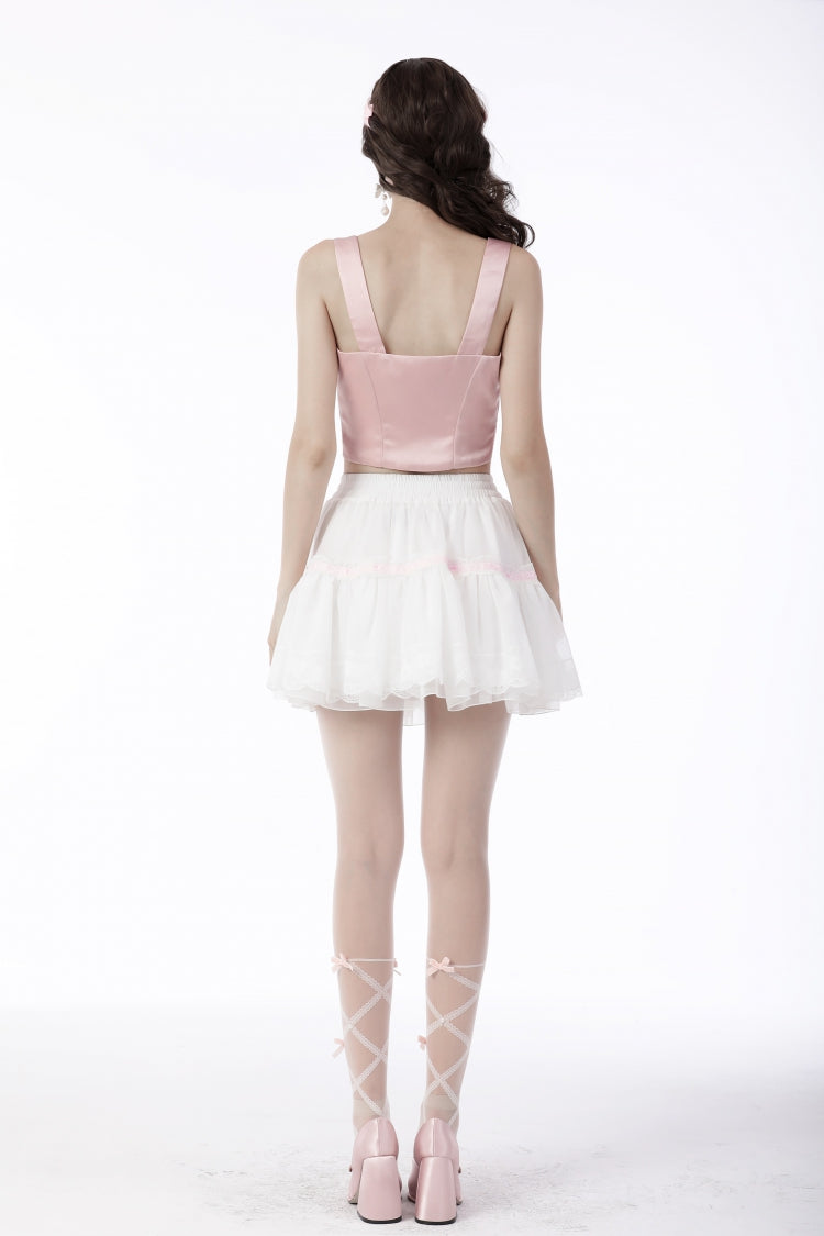 White Women's Gothic Lolita Bowknot Multi-Layered Lace Trim Mini Skirt - Product - 4