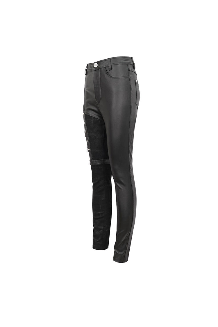 Black Tight Leather Multi Buckle Splice Women's Punk Pants - Product - 9