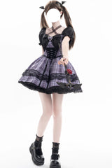 Purple [Witch Time] Short Puff Sleeves Plaid Print Bowknot Lace Sweet Lolita Dress - Product - 2