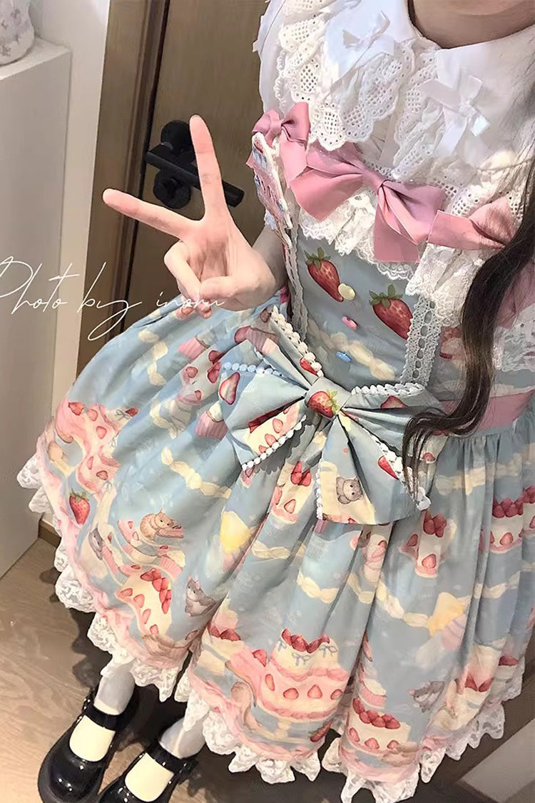 [Little Mouse Strawberry Cake] Sleeveless Printed Ruffled Bow Lace Sweet Lolita Jsk Dress 3 Colors - Product - 7