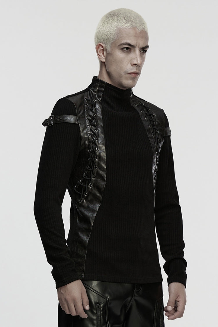 Black Stand Collar Long Sleeves Spliced Buckled Strappy Men's Punk Top - Product - 2