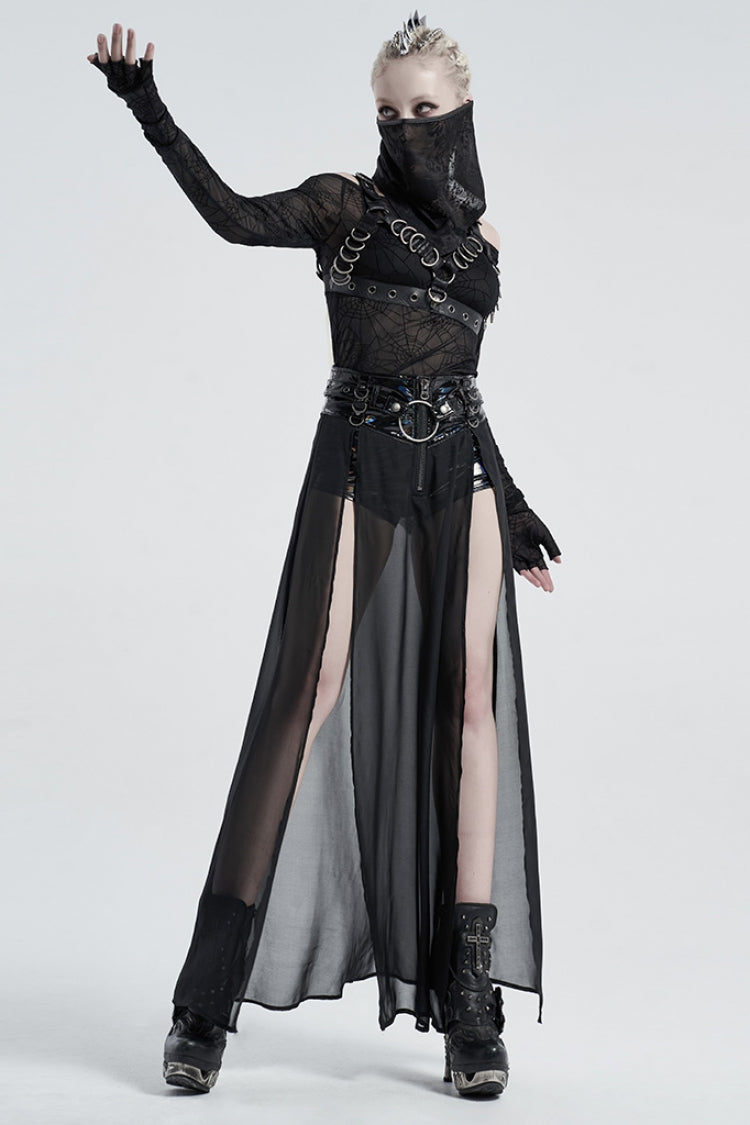 Fake Two Pieces PU Leather Stitching Sheer Women's Steampunk Skirt 2 Colors - Product - 4