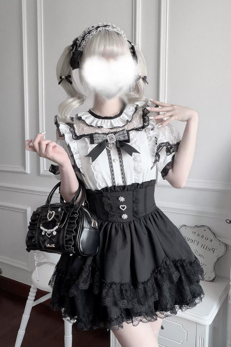 Jirai Kei Sweet Double-Layered Jacquard Ruffled Lace Japanese Skirt Set 2 Colors - Black(Set) - 10
