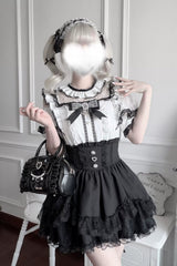 Jirai Kei Sweet Double-Layered Jacquard Ruffled Lace Japanese Skirt Set 2 Colors - Black(Set) - 10