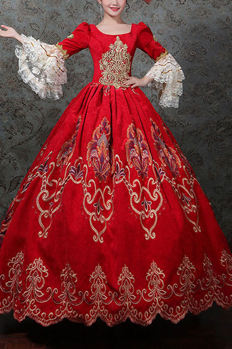 Red Multi-Layer Trumpet Sleeves Half Sleeves High Waisted Embroidery Print Victorian Lolita Prom Dress - Red - 1