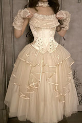 Ivory [The Summer Waves Sparkle] Square Collar Sleeveless Multi-Layered Ruffled Bow Lace-Up Slim Sweet Lolita Skirt Set - Product - 5