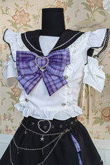 Black/White Short Sleeves Print Bowknot Sweet Jirai Kei Skirt Set - Product - 2