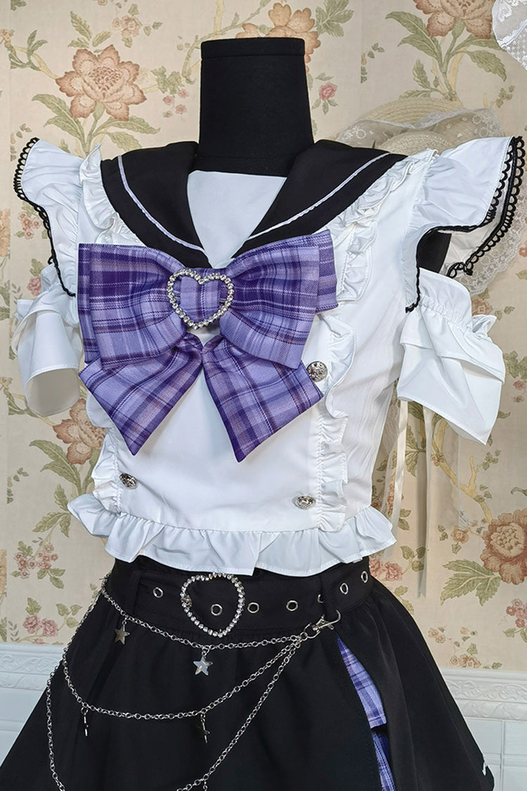 Black/White Short Sleeves Print Bowknot Sweet Jirai Kei Skirt Set - Product - 2