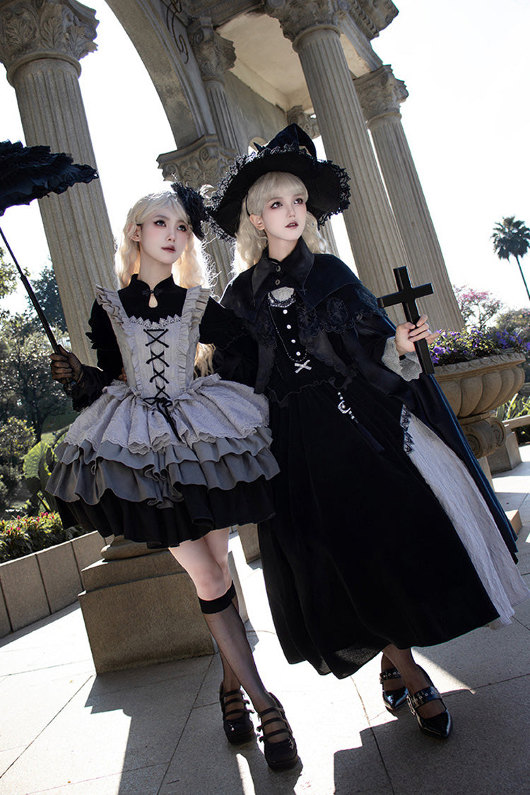 Black/Grey Witch Long Sleeves Gradient Multi-Layered Ruffle Bowknot Lace Gothic Chinese Style Lolita Dress - Product - 10