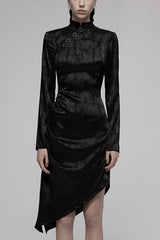 Black Jacquard Cotton Fabric Improved Cheongsam Pointed Hem Drawstring Design Cheongsam Collar Long Sleeve Long Women's Punk Dress - Black - 1