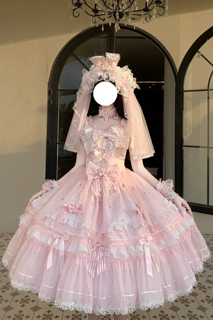 Pink [Sakura Bunny Ballad] Square Collar Flutter Sleeves Jacquard Ruffled Bow Lace Sweet Elegant Luxurious Long Lolita Jsk Dress - Product - 8