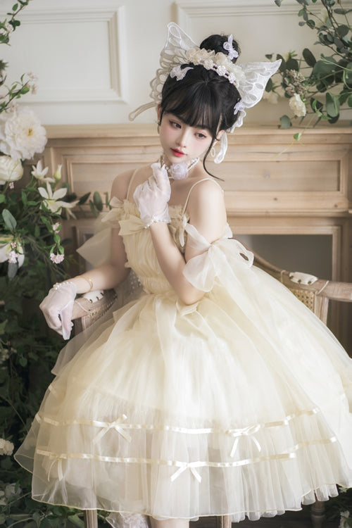 Beige Small Ballet High Waisted Bowknot Chiffon Long Version Sweet Lolita JSK Dress - Product - 4