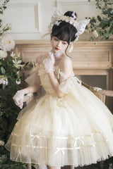 Beige Small Ballet High Waisted Bowknot Chiffon Long Version Sweet Lolita JSK Dress - Product - 4