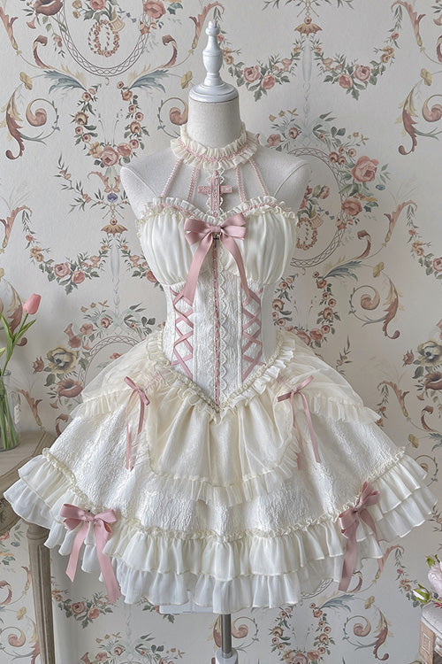 Ivory Pink Tube Top Sleeveless Blowknot Ruffled Sweet Lolita Tiered Dress - Ivory - 1