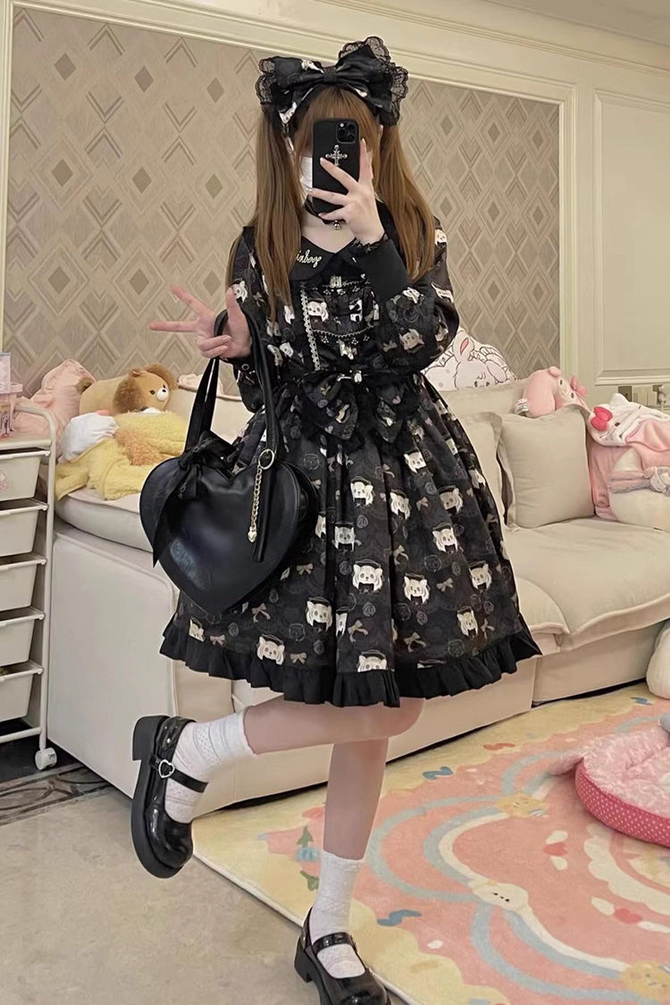 Black Long Sleeves Print Bowknot Sweet Plus Size College Style Lolita Dress - Black - 1