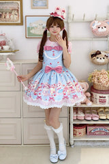 Blue/Pink [Cupid Bunny] Printed Sleeveless Bow Sweet Princess Lolita Strap Dress - Product - 5