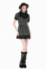 Black/White Plaid Stand Collar Short Puff Sleeves Ruffled  Lace Lace-Up Women's Lolita Gothic Dress - Product - 10