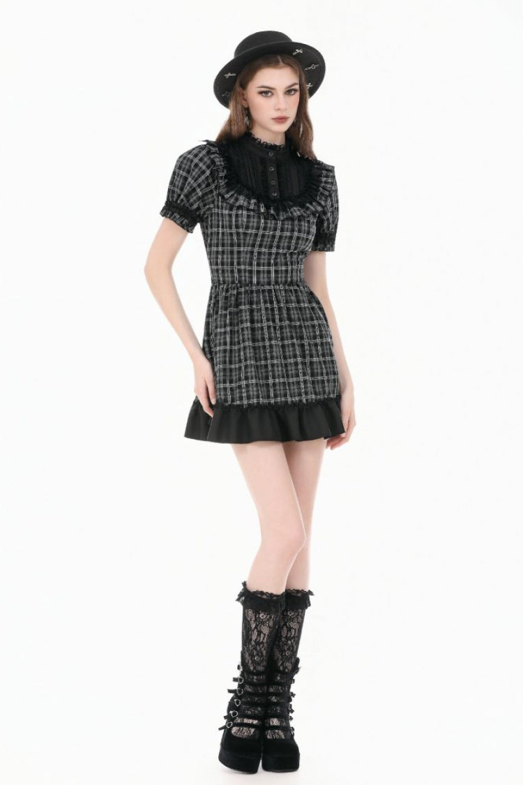 Black/White Plaid Stand Collar Short Puff Sleeves Ruffled  Lace Lace-Up Women's Lolita Gothic Dress - Product - 10
