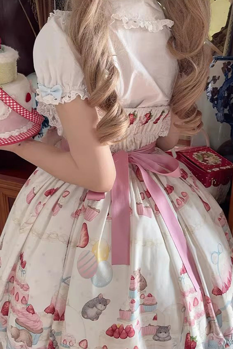 [Little Mouse Strawberry Cake] Sleeveless Printed Ruffled Bow Lace Sweet Lolita Jsk Dress 3 Colors - Product - 12