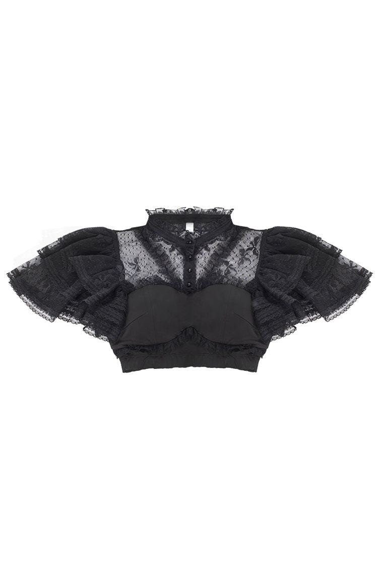 Detachable Pad Short Sleeves Hollow Lace Sweet Lolita Blouse 3 Colors - Black - 1