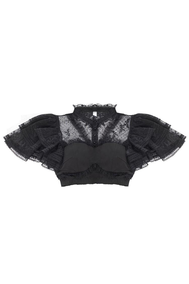 Detachable Pad Short Sleeves Hollow Lace Sweet Lolita Blouse 3 Colors - Black - 1
