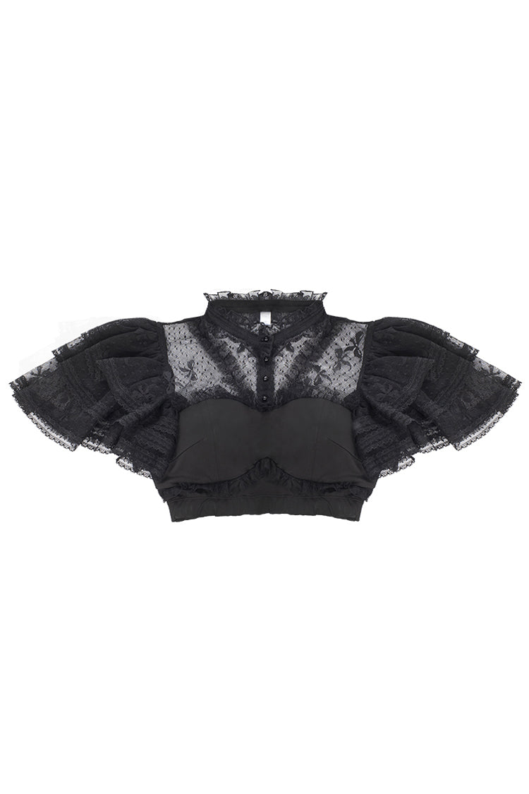 Detachable Pad Short Sleeves Hollow Lace Sweet Lolita Blouse 3 Colors - Black - 1