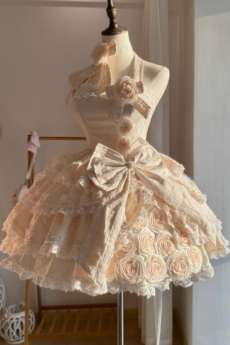 [Rose of Confession] Sleeveless Ruffle Bowknot Lace Asymmetric Sweet Elegant Lolita Jsk Dress 2 Colors - Apricot - 2