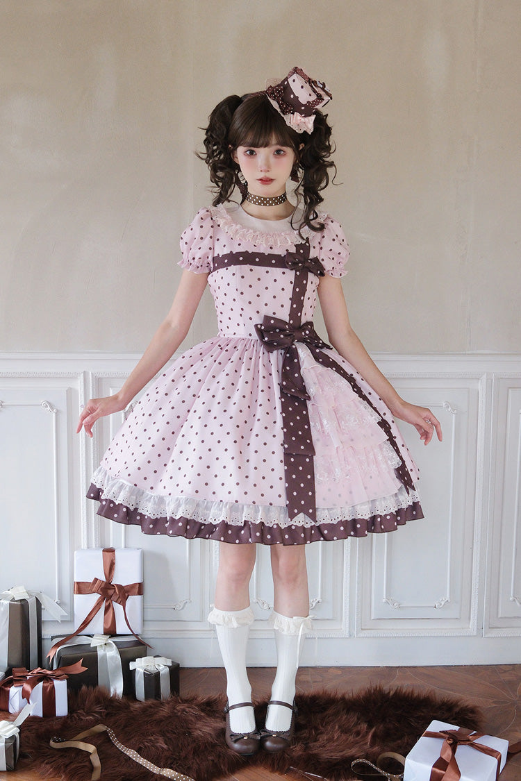 Pink [Canelé Gift Box] Round Collar Short Sleeves Double-Layered Printed Polka Dot Ruffled Open-Front Bow Asymmetric Sweet Lolita Dress - Pink - 1