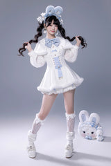White Long Sleeves Ruffle Bowknot Lace-Up Japanese Jirai Kei Dress Shorts Plush Set - Product - 4
