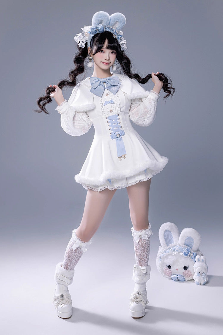 White Long Sleeves Ruffle Bowknot Lace-Up Japanese Jirai Kei Dress Shorts Plush Set - Product - 4