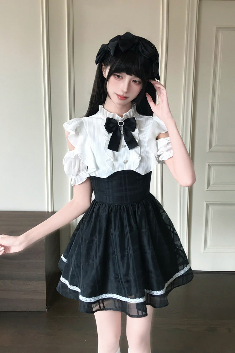 Black/White [Moonlit Poem] Stand Collar Off Shoulder Short Sleeves High Waisted Ruffled Bow Lace Sweet Princess Lolita Dress - Black/White - 1