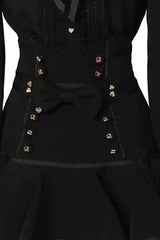 Sweet Lapel Collar Off Shoulder Long Sleeves High Waisted Printed Bow Lolita Skirt Blouse Set - Black-Skirt(Only) - 10