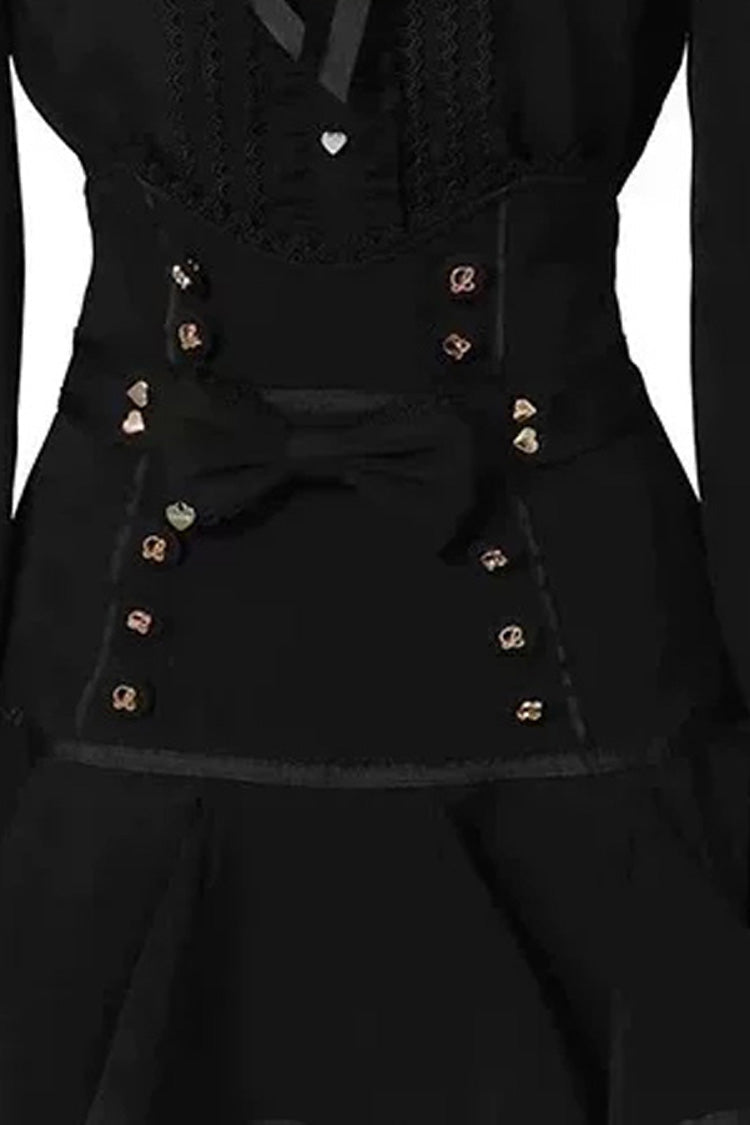 Sweet Lapel Collar Off Shoulder Long Sleeves High Waisted Printed Bow Lolita Skirt Blouse Set - Black-Skirt(Only) - 10