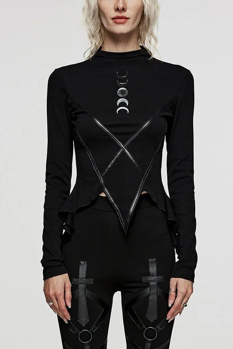 Black Long Sleeves Moon Print Leather Stitching Irregular Womens Steampunk T-Shirt - Black - 1