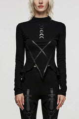 Black Long Sleeves Moon Print Leather Stitching Irregular Womens Steampunk T-Shirt - Black - 1