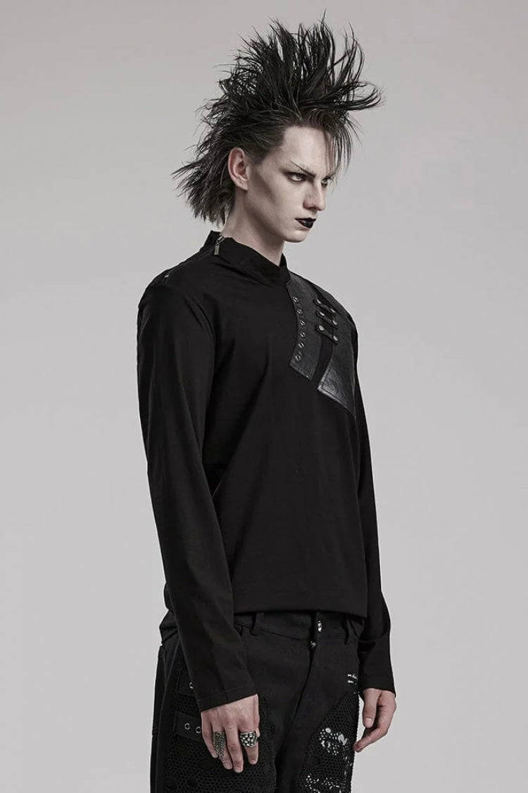 Black Long Sleeves Faux Leather Stitching Mens Steampunk Blouse - Product - 2