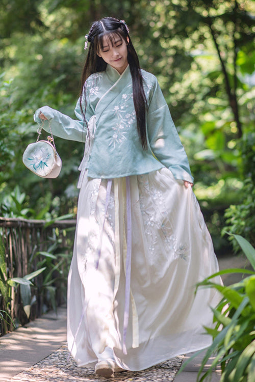 Green Chinese Ancient Style Han Dynasty Plum Embroidery Sweet Hanfu Dress Two Piece - Product - 2