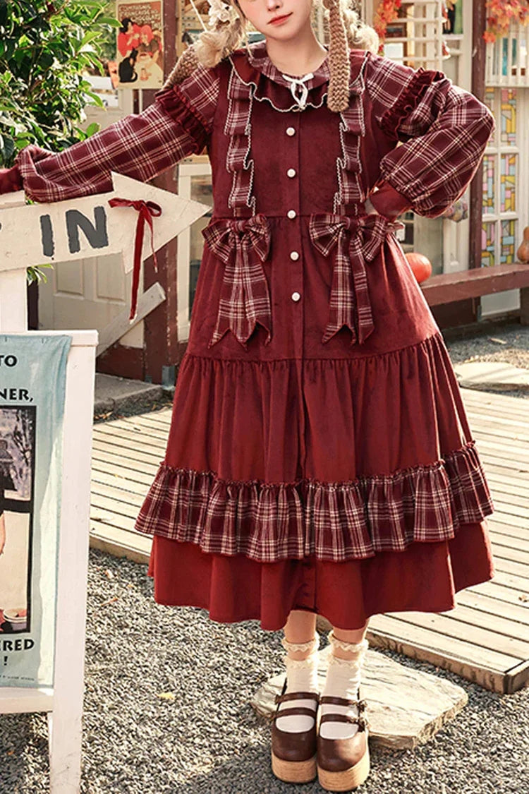Red Velvet Plaid Print Bowknot Christmas Sweet Lolita Dress - Red - 1