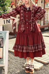 Red Velvet Plaid Print Bowknot Christmas Sweet Lolita Dress - Red - 1