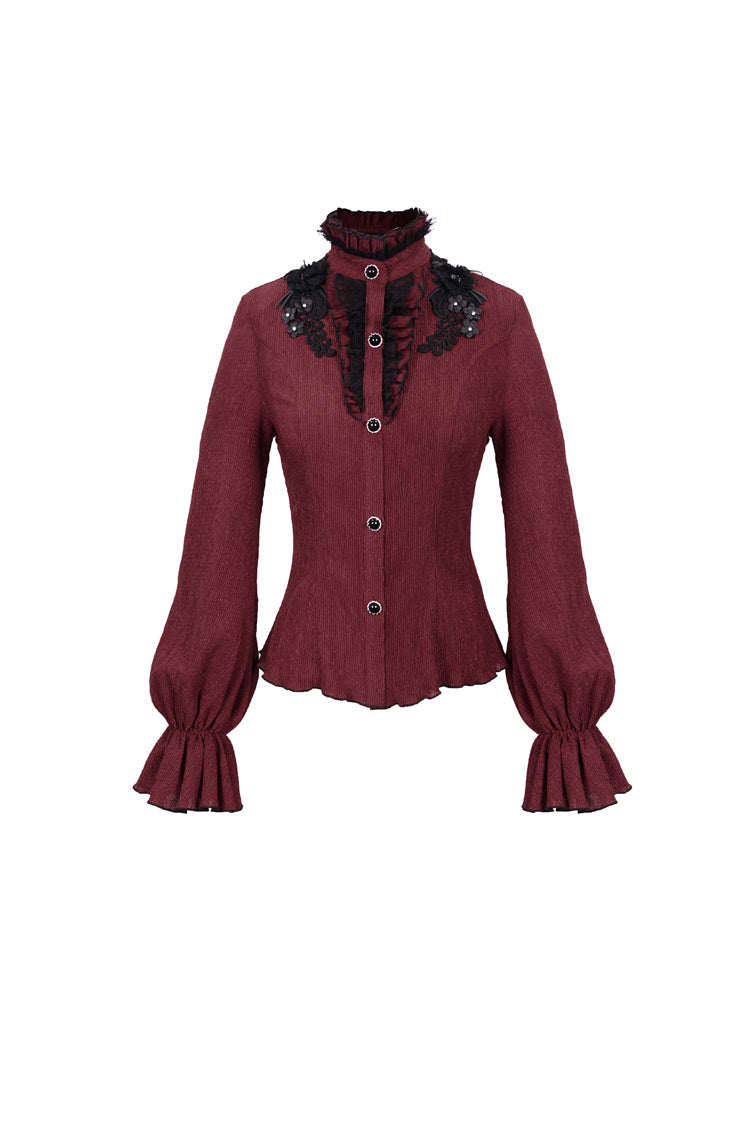 Red Lace High Neck Three Dimensional Embroidered Lantern Trumpet Sleeves Women's Gothic Shirt - Product - 7