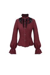 Red Lace High Neck Three Dimensional Embroidered Lantern Trumpet Sleeves Women's Gothic Shirt - Product - 7