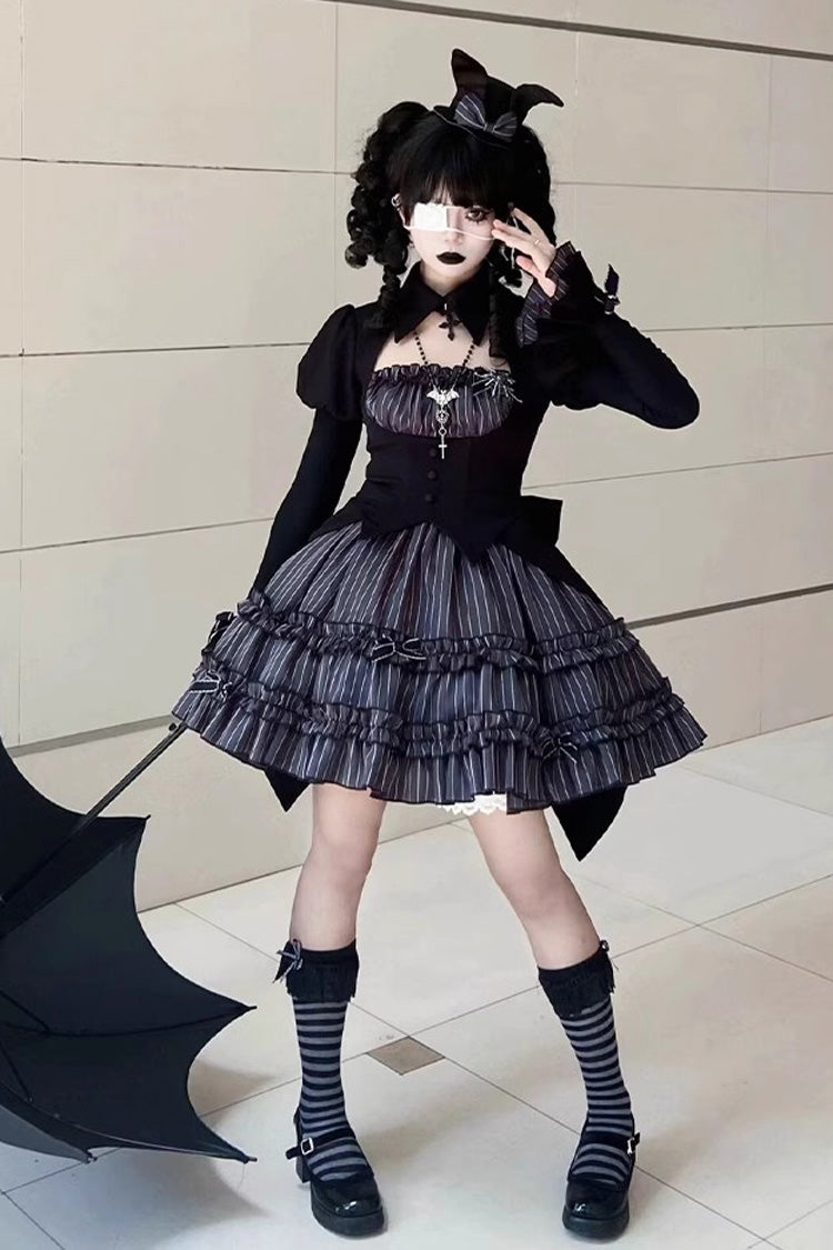 Black [Duke of the Trap Rabbit] Long Sleeves Stripe Print Ruffle Bowknot Lace Gothic Lolita Dress - Product - 10