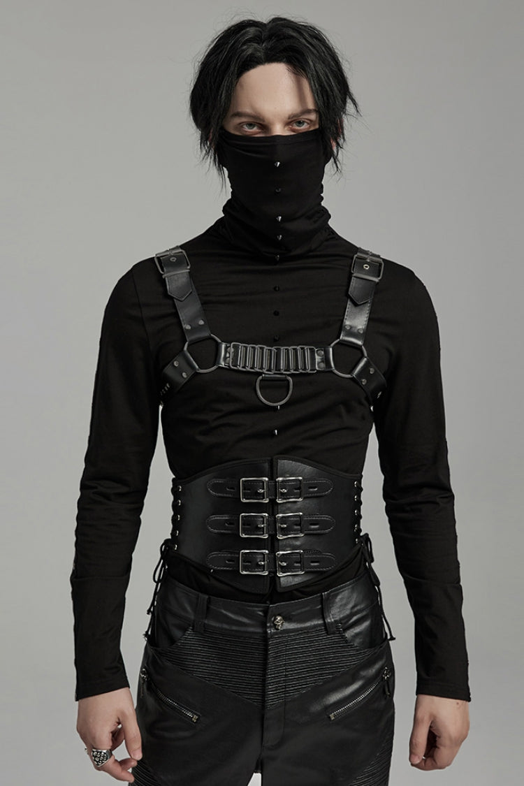 Black Lace-Up Double-buckle Men's Punk Girdle - Black - 1