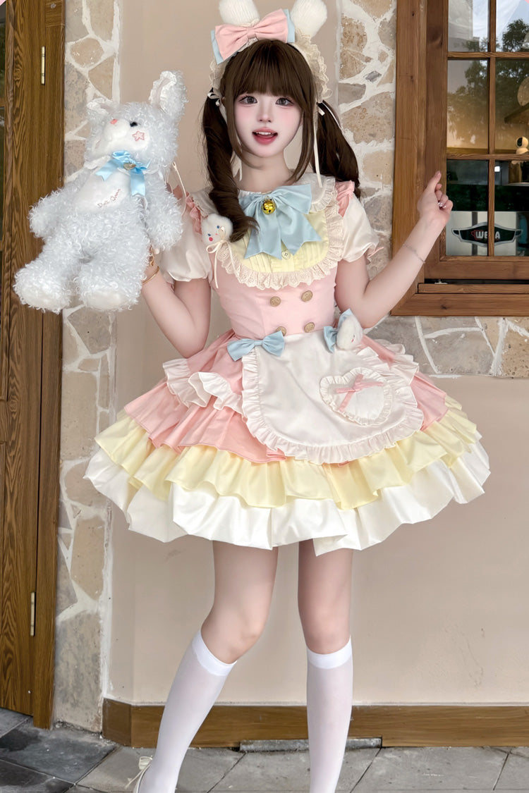 Yellow/Pink [Cream Puffs] Short Puff Sleeves Triple-Layered Ruffle Bowknot Sweet Lolita Dress - Yellow/Pink - 1