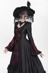 Red Long Sleeves Floral Embroidery Lace-Up Pleated Women's Gothic Dress - Product - 11