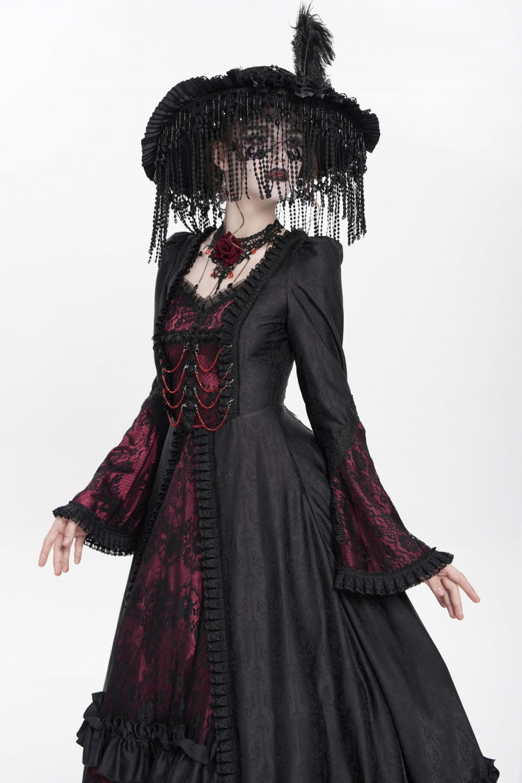 Red Long Sleeves Floral Embroidery Lace-Up Pleated Women's Gothic Dress - Product - 11